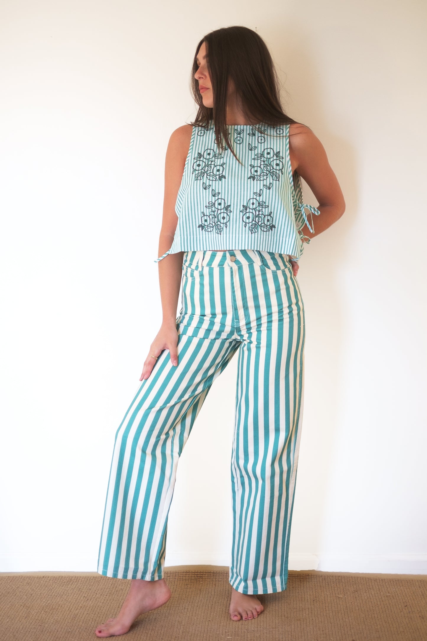 The Tiny Big Sister Striped Berta Long Denim Pants - Off-White/Emerald