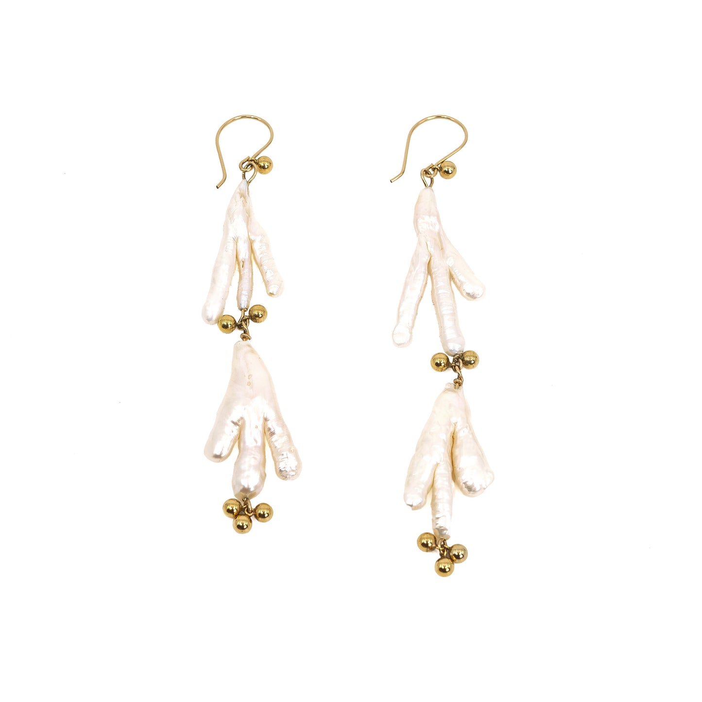 Chicken Foot Pearl and Gold Ball Earrings