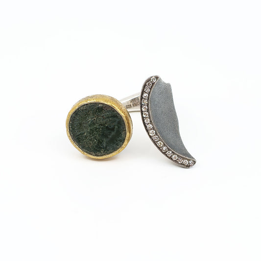 BORA Sterling Silver and Gold Accent Ring with Ancient Roman Coin and Diamonds