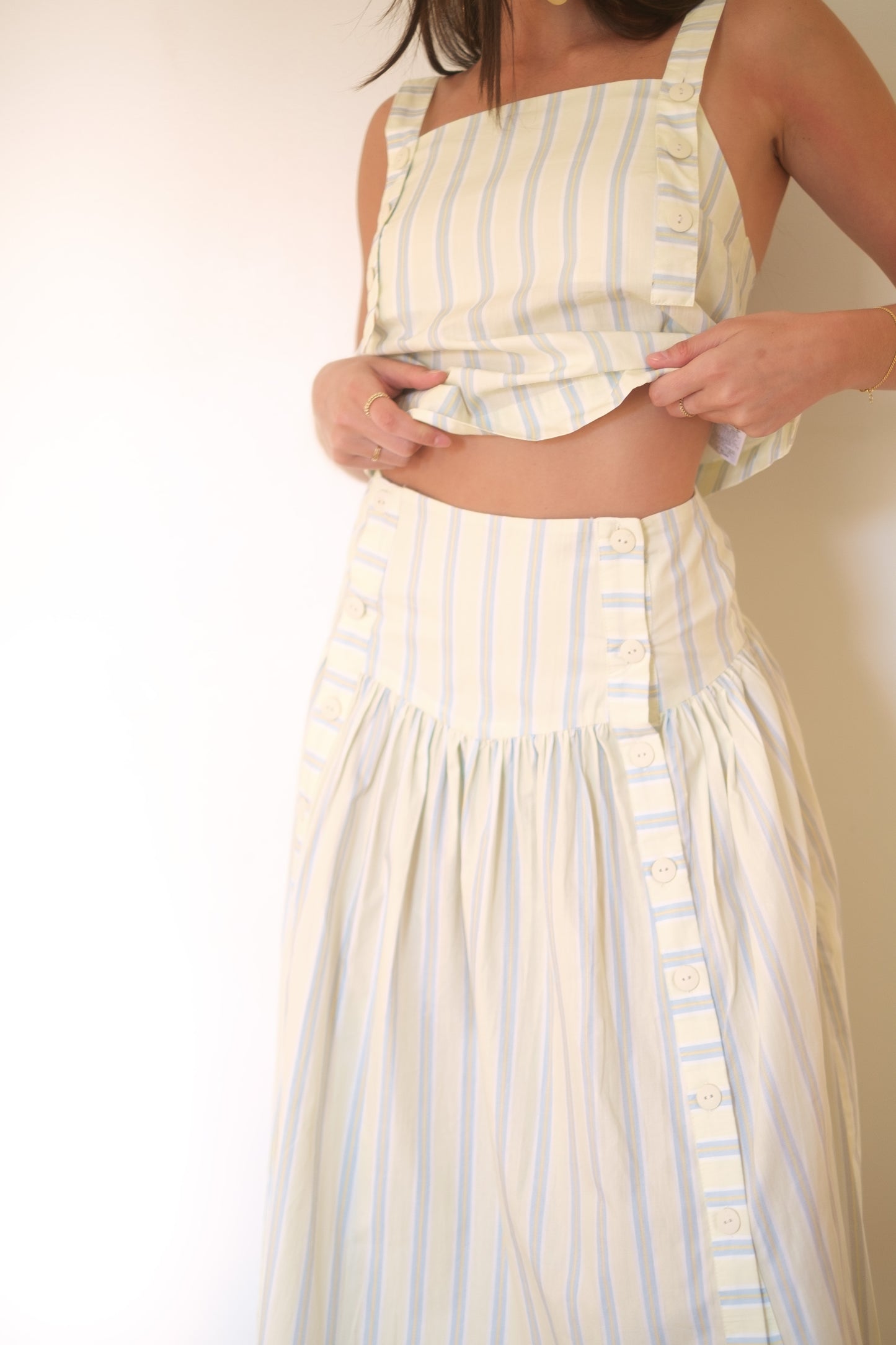 The Tiny Big Sister Stripes Buttons Straps Top - Pastel Yellow