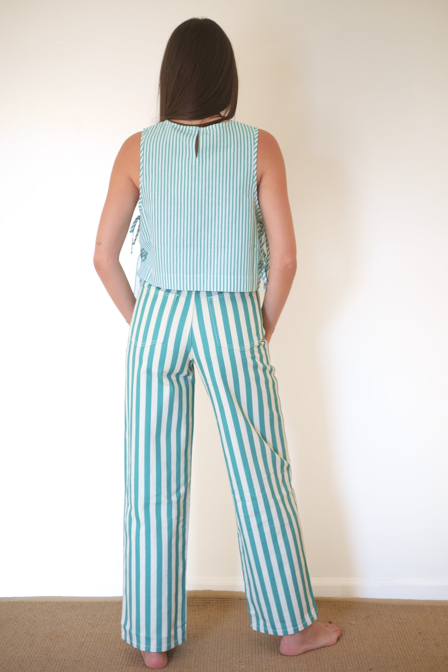 The Tiny Big Sister Striped Berta Long Denim Pants - Off-White/Emerald