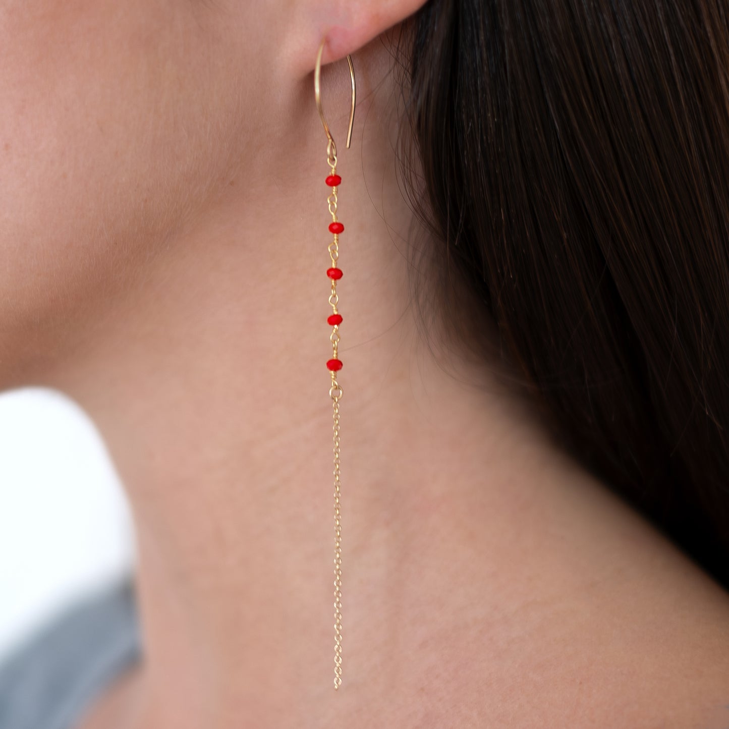 Bead and Chain Drop Earrings-Coral