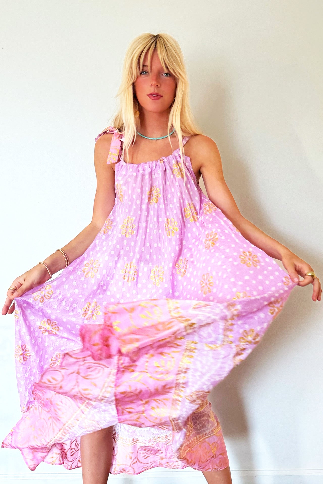 Joshi Tie Neck Silk Dress - Pink/Gold