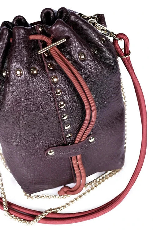 Purple leather drawstring bag with gold chain and red drawstrings on a white background