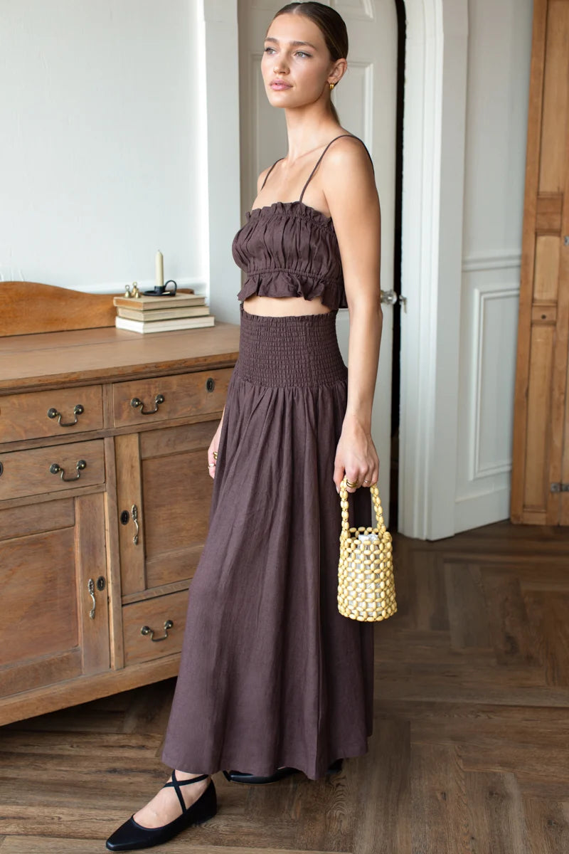 Emerson Fry - Smocked Maxi Linen Skirt in Vintage Chestnut