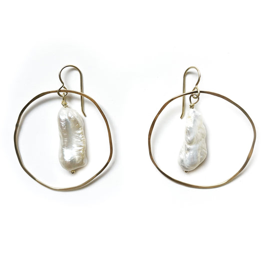 Gold Circle Earrings with Baroque Pearl Drop