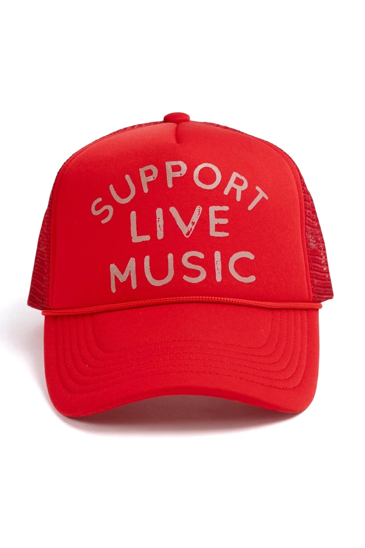 Red cap with 'Support Live Music' text on a white background