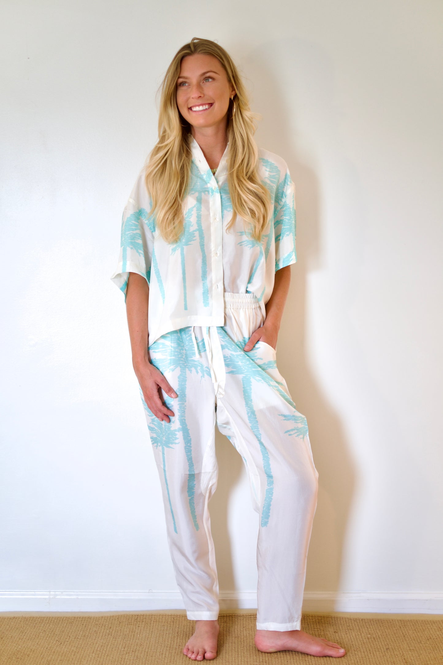 État D’été | Boxy PJ Blouse - Iced Aqua Palm / White Ground
