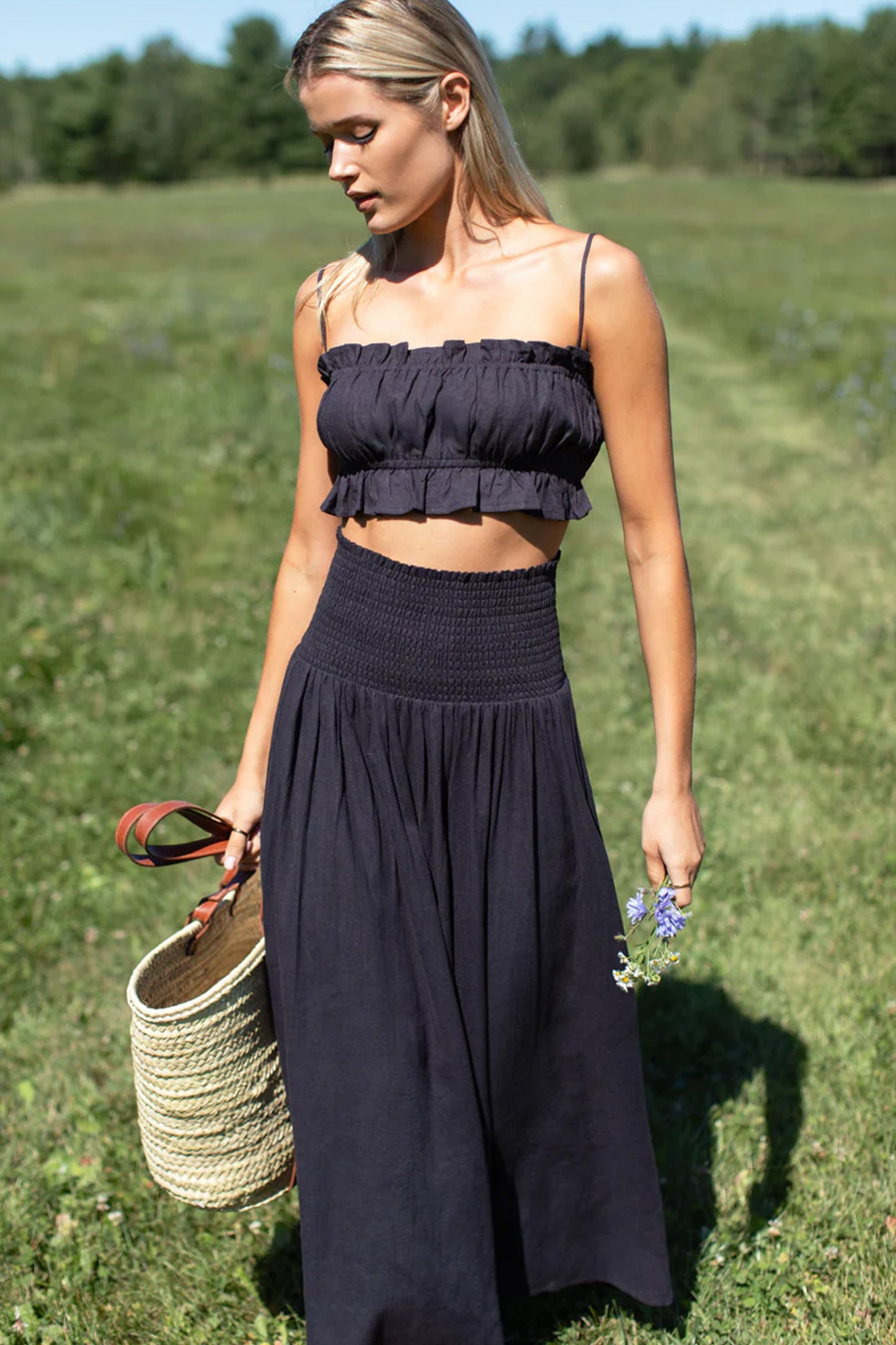 Emerson Fry - Smocked Maxi Skirt in Midnight Linen