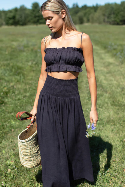 Emerson Fry - Smocked Maxi Skirt in Midnight Linen