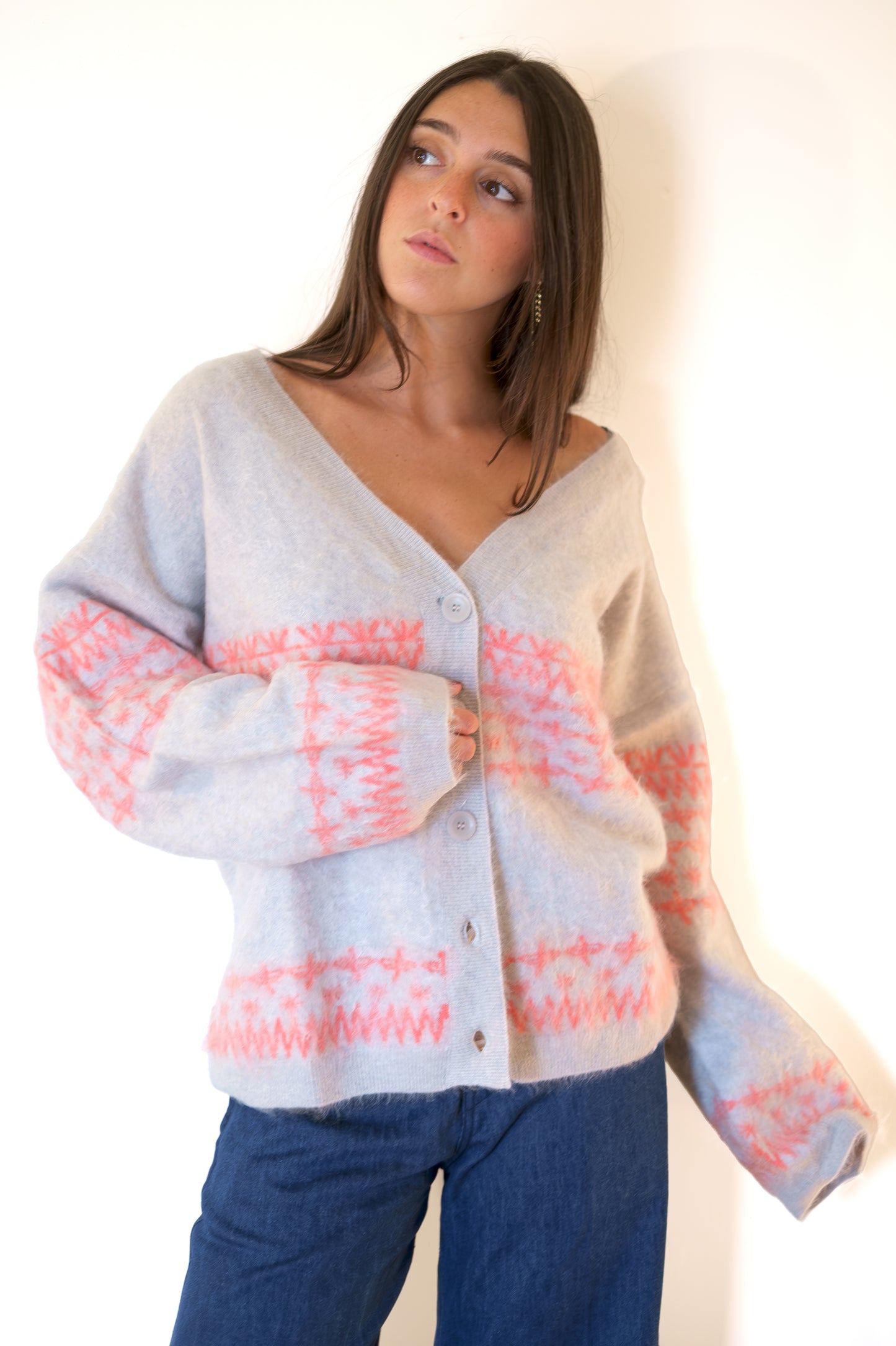 Crush Brushed Surf Fairisle Cardigan - Cloudy Watermelon