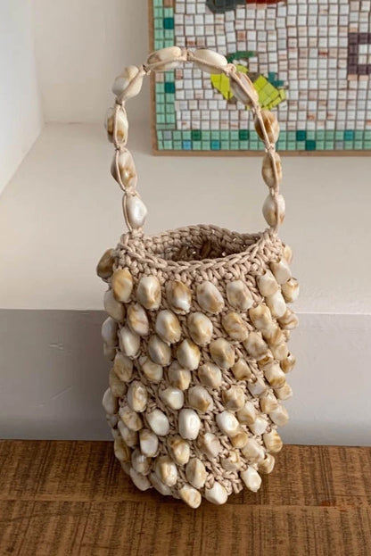 Dipped Shop Shell Beaded Handmade Woven Bucket Bag in Beige