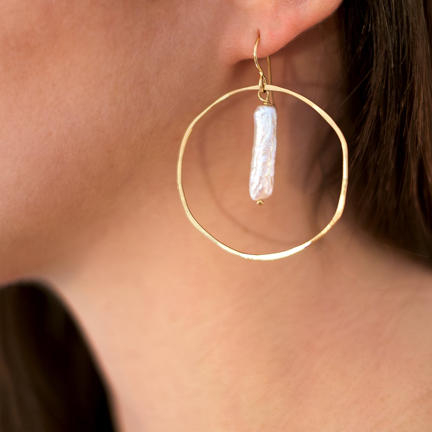Gold Circle Earrings with Pearl Drop