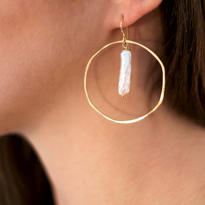 Gold Circle Earrings with Pearl Drop