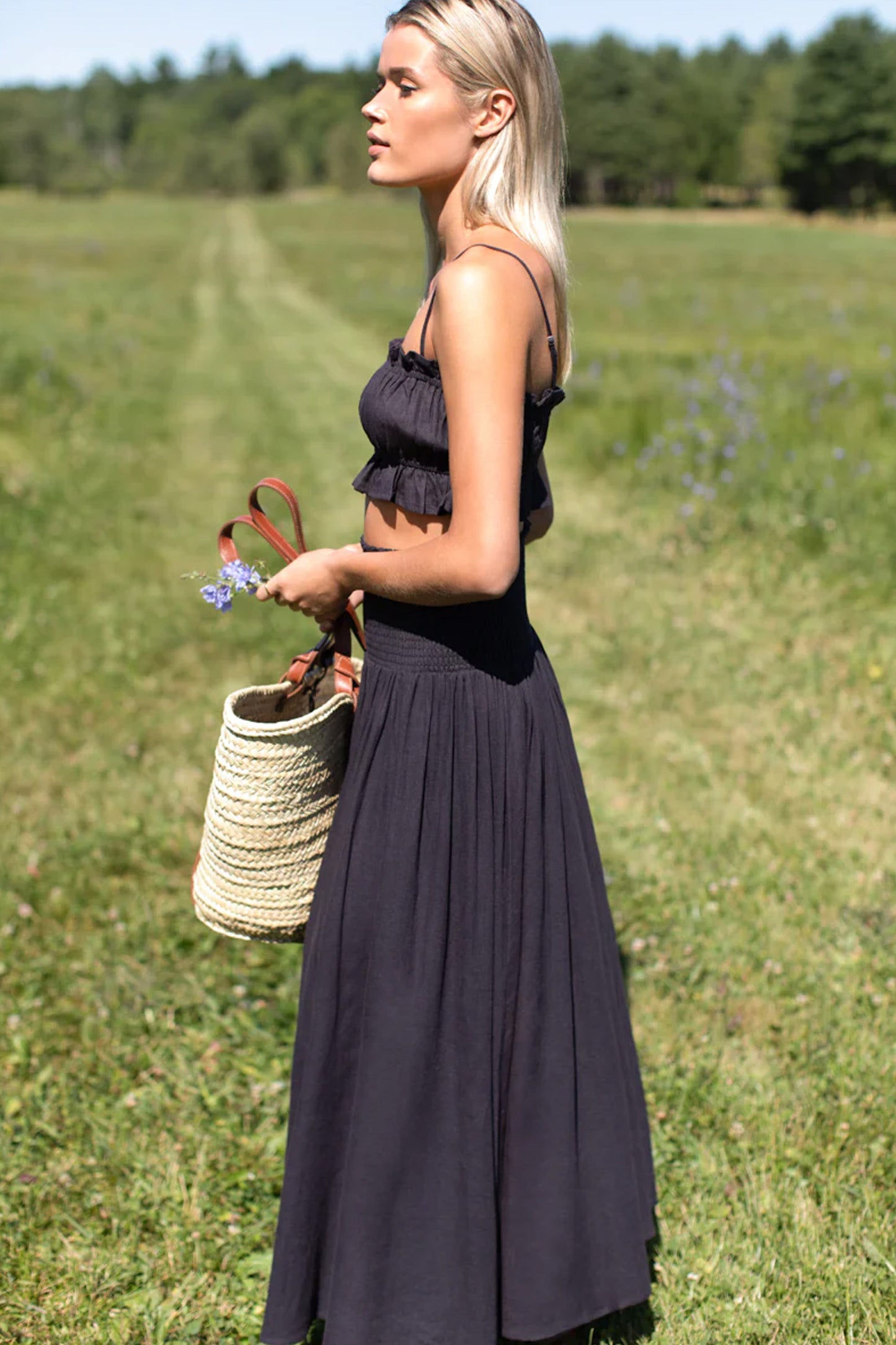 Emerson Fry - Smocked Maxi Skirt in Midnight Linen
