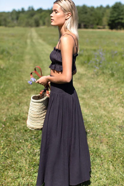 Emerson Fry - Smocked Maxi Skirt in Midnight Linen