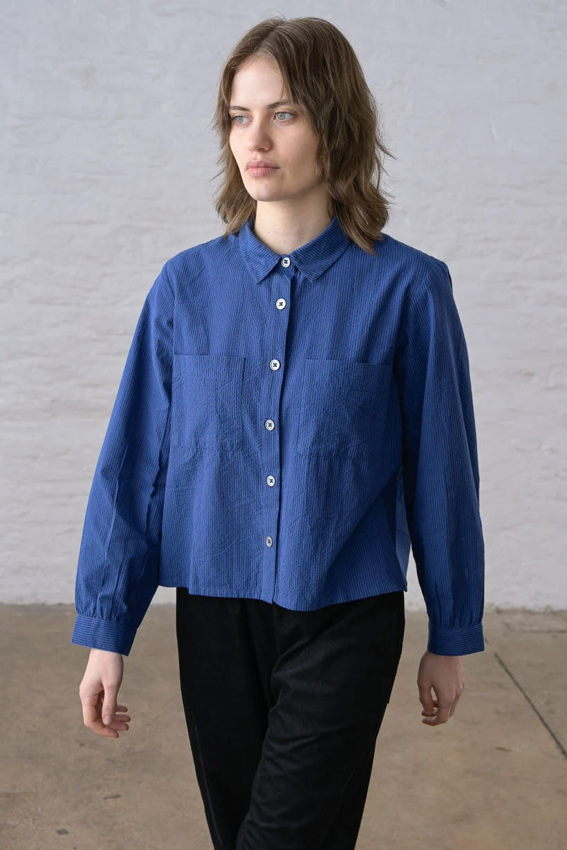 BIBICO - Ada Cropped Blouse in Blue Petrol Stripe