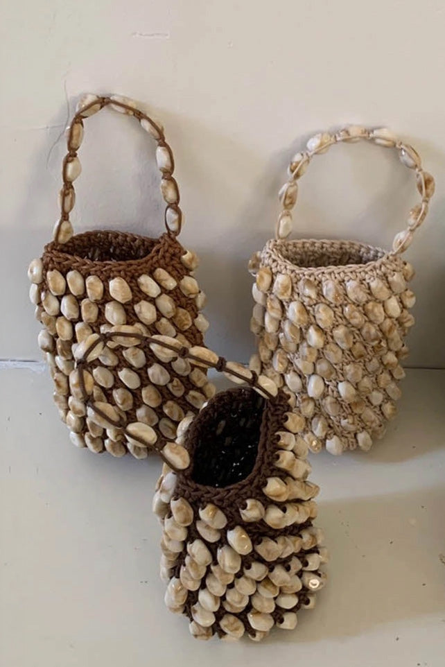 Dipped Shop Shell Beaded Handmade Woven Bucket Bag in Coffee