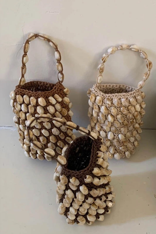 Dipped Shop Shell Beaded Handmade Woven Bucket Bag in Coffee