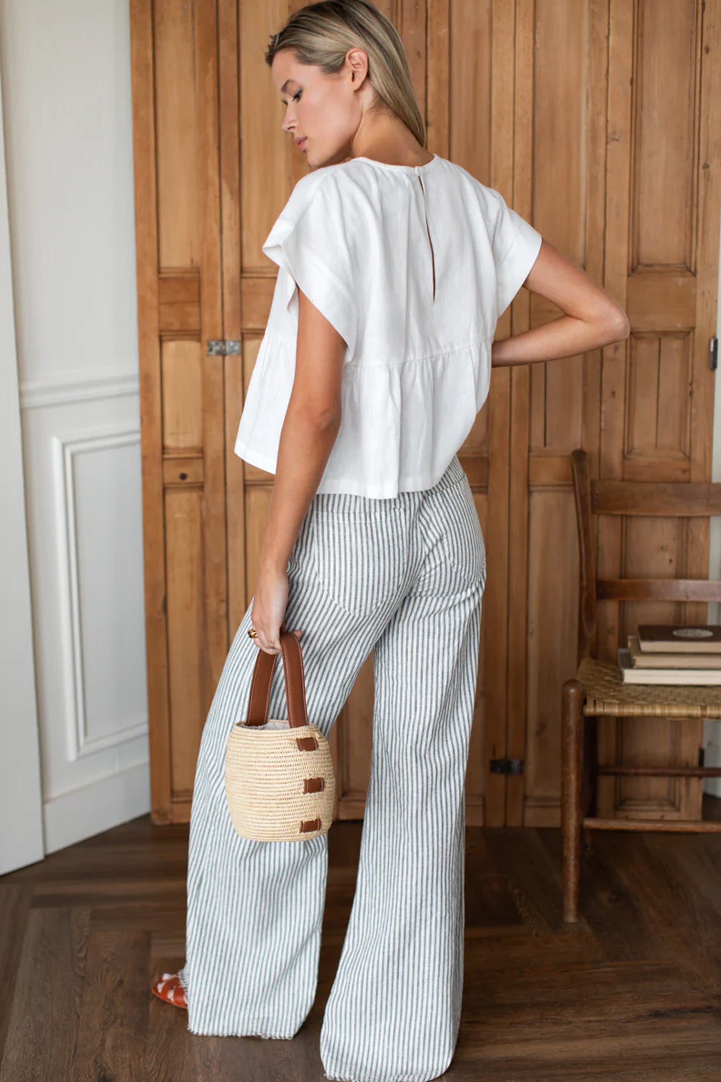 Emerson Fry - Tulip Wide Leg Pant in Juniper Stripe Linen