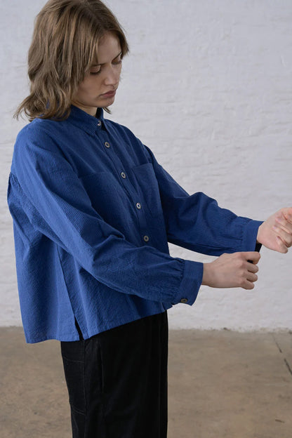 BIBICO - Ada Cropped Blouse in Blue Petrol Stripe