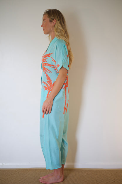 État D’été | Jolie Jumpsuit Silk - Flame Palm / Iced Aqua Ground