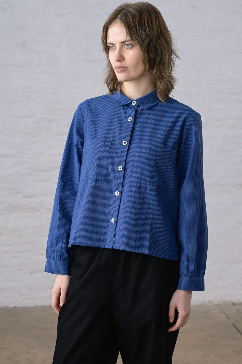 BIBICO - Ada Cropped Blouse in Blue Petrol Stripe