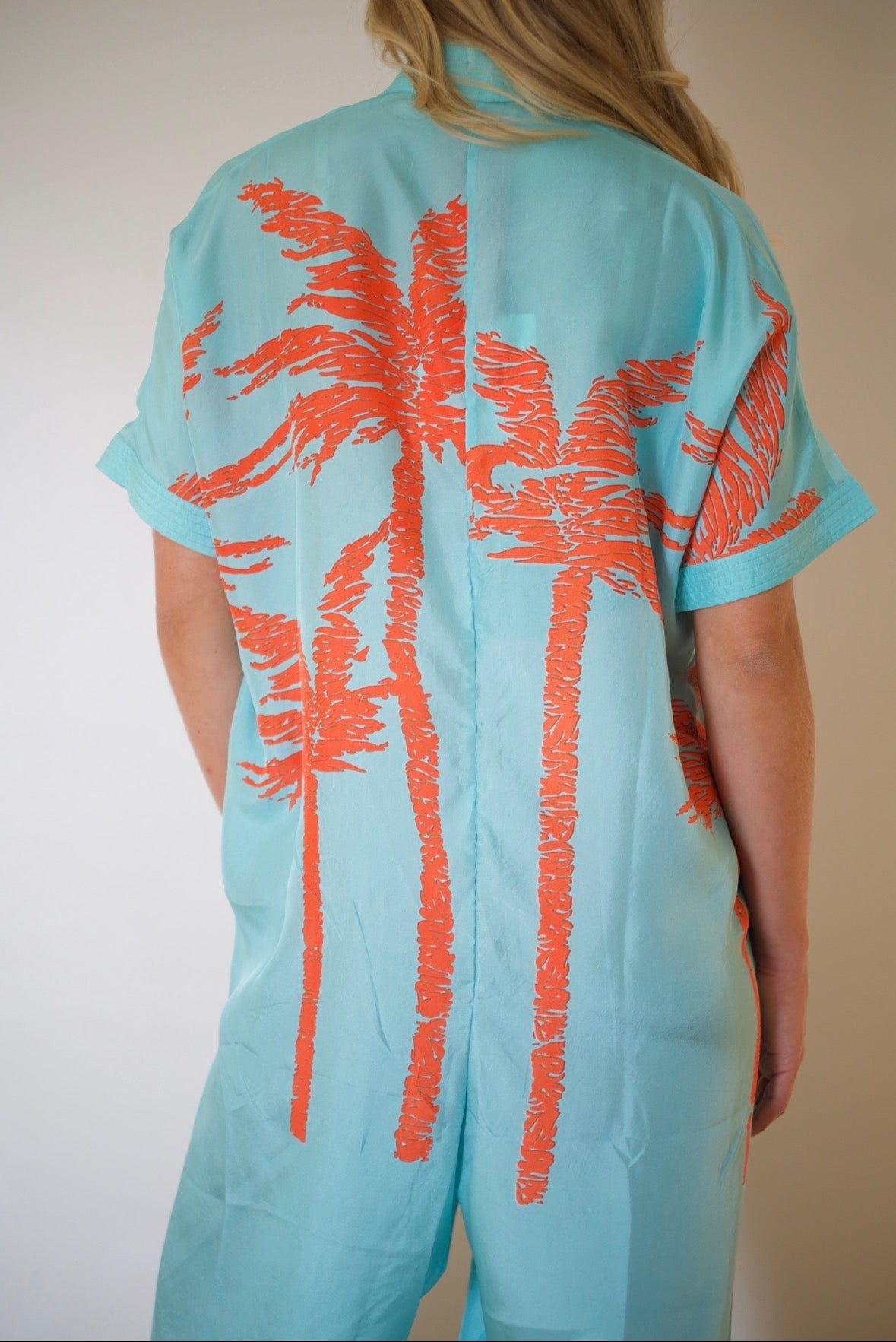 État D’été | Jolie Jumpsuit Silk - Flame Palm / Iced Aqua Ground