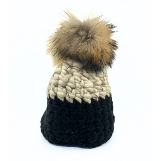 Mischa Lampert Color Block Beanie - White/Marble/Black + Raccoon