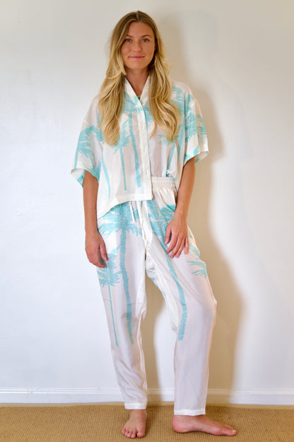 État D’été | Boxy PJ Blouse - Iced Aqua Palm / White Ground