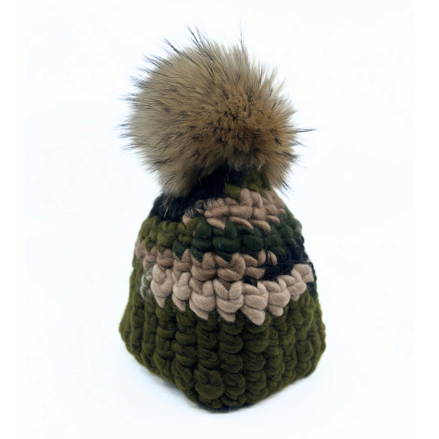 Mischa Lampert Color Block Beanie - Camo/Olive + Raccoon