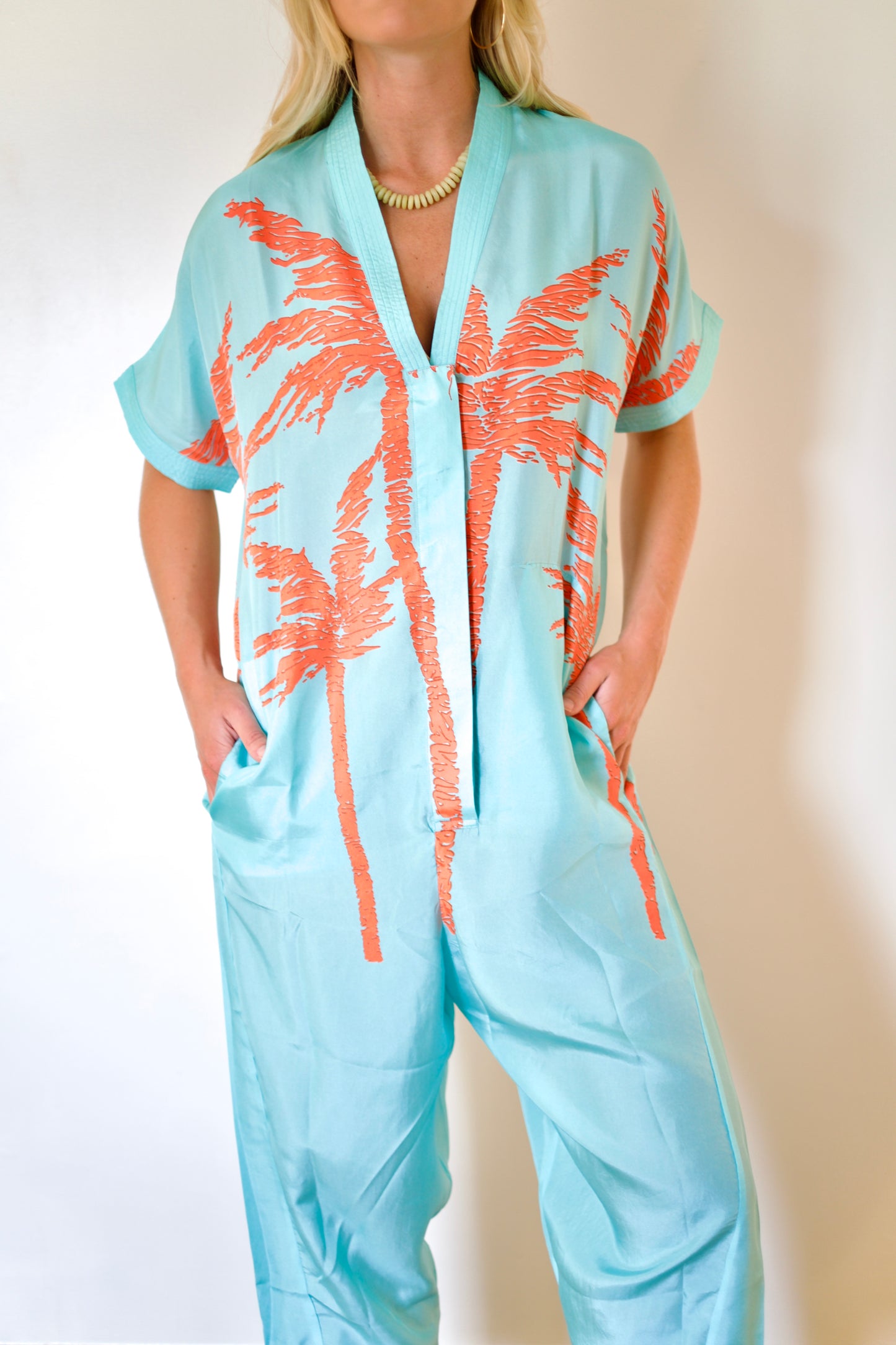 État D’été | Jolie Jumpsuit Silk - Flame Palm / Iced Aqua Ground