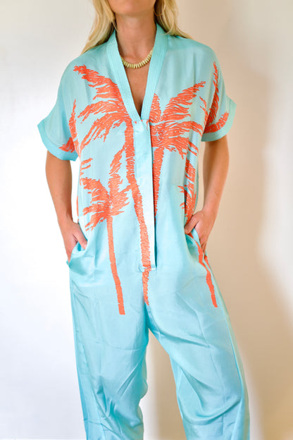 État D’été | Jolie Jumpsuit Silk - Flame Palm / Iced Aqua Ground