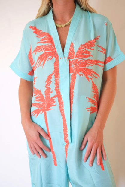 État D’été | Jolie Jumpsuit Silk - Flame Palm / Iced Aqua Ground