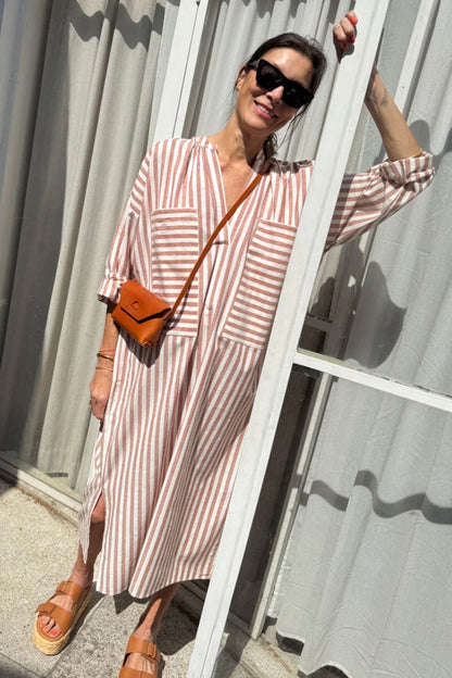 Two - Terracotta / Natural Stripe Two Pocket Caftan