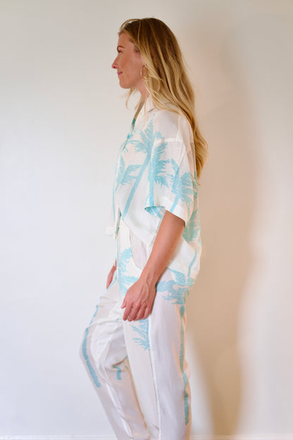 État D’été | Boxy PJ Blouse - Iced Aqua Palm / White Ground
