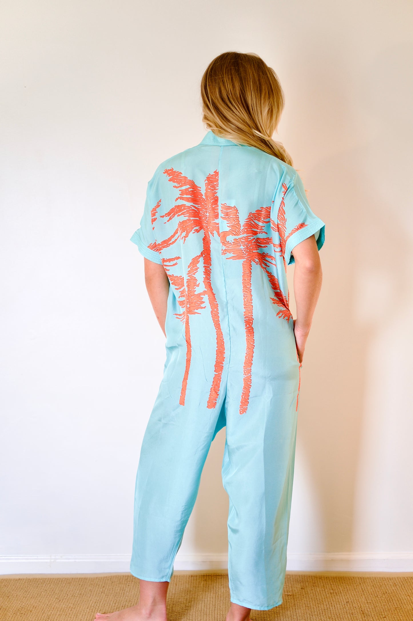 État D’été | Jolie Jumpsuit Silk - Flame Palm / Iced Aqua Ground
