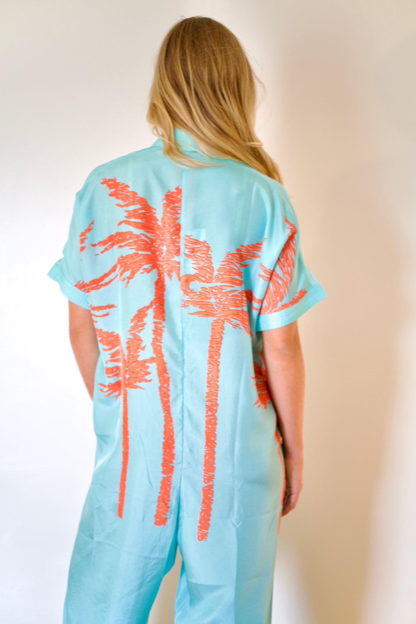 État D’été | Jolie Jumpsuit Silk - Flame Palm / Iced Aqua Ground