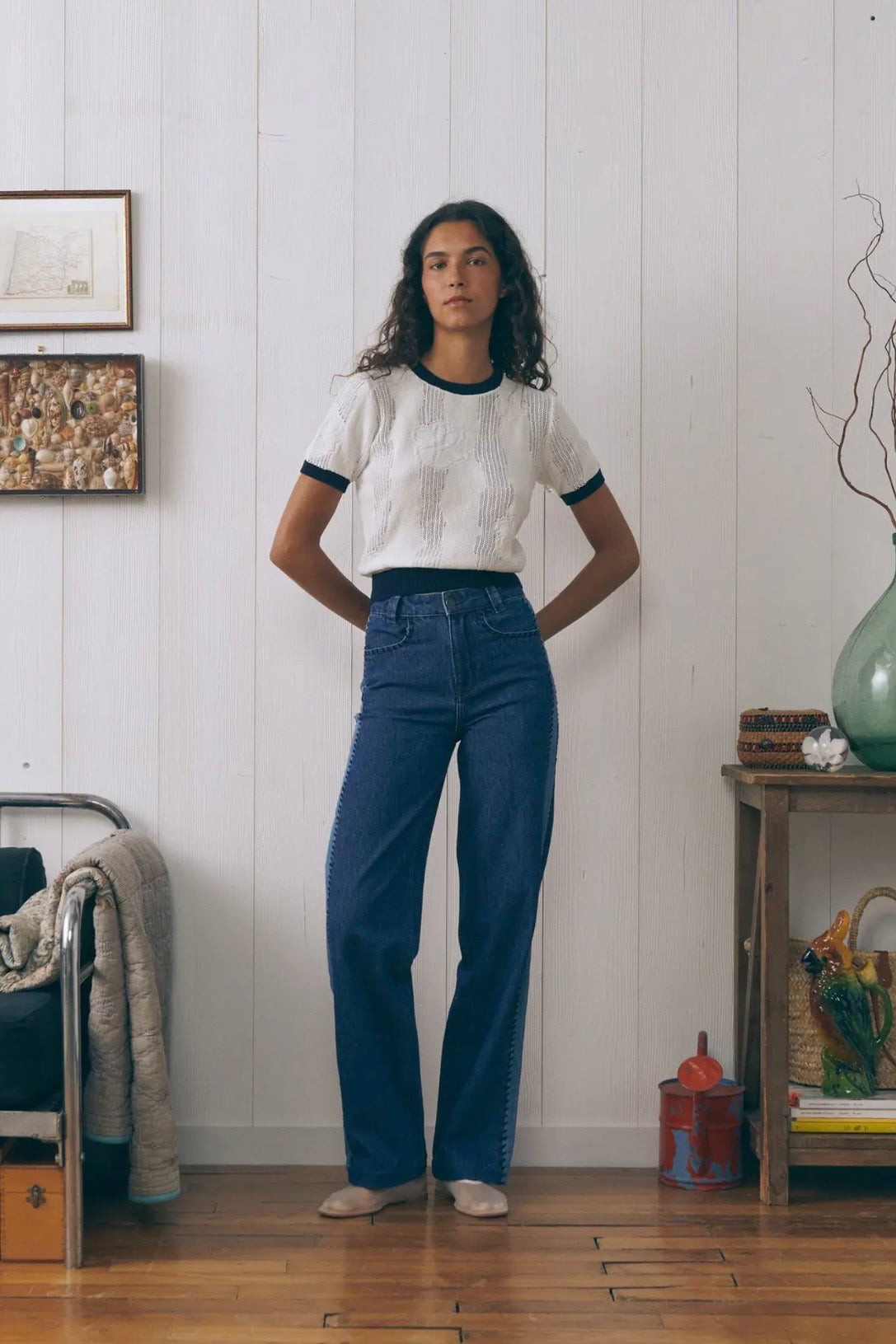 Maison Labiche | Ivory Navy Flowers Knitted T Shirt