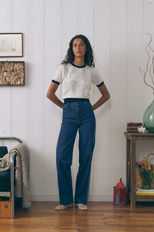 Maison Labiche | Ivory Navy Flowers Knitted T Shirt
