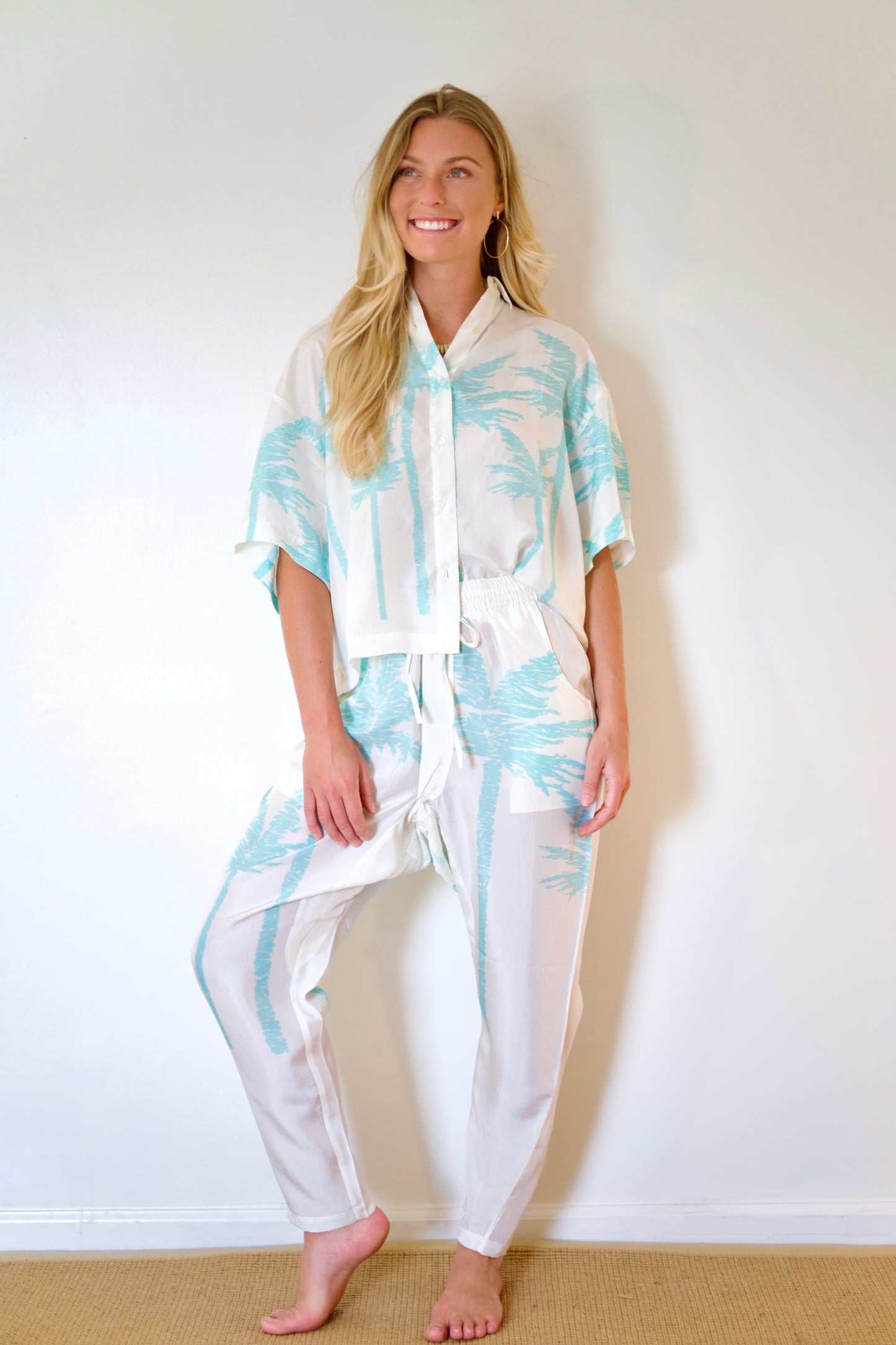 État D’été | Boxy PJ Blouse - Iced Aqua Palm / White Ground