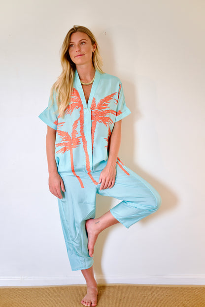 État D’été | Jolie Jumpsuit Silk - Flame Palm / Iced Aqua Ground