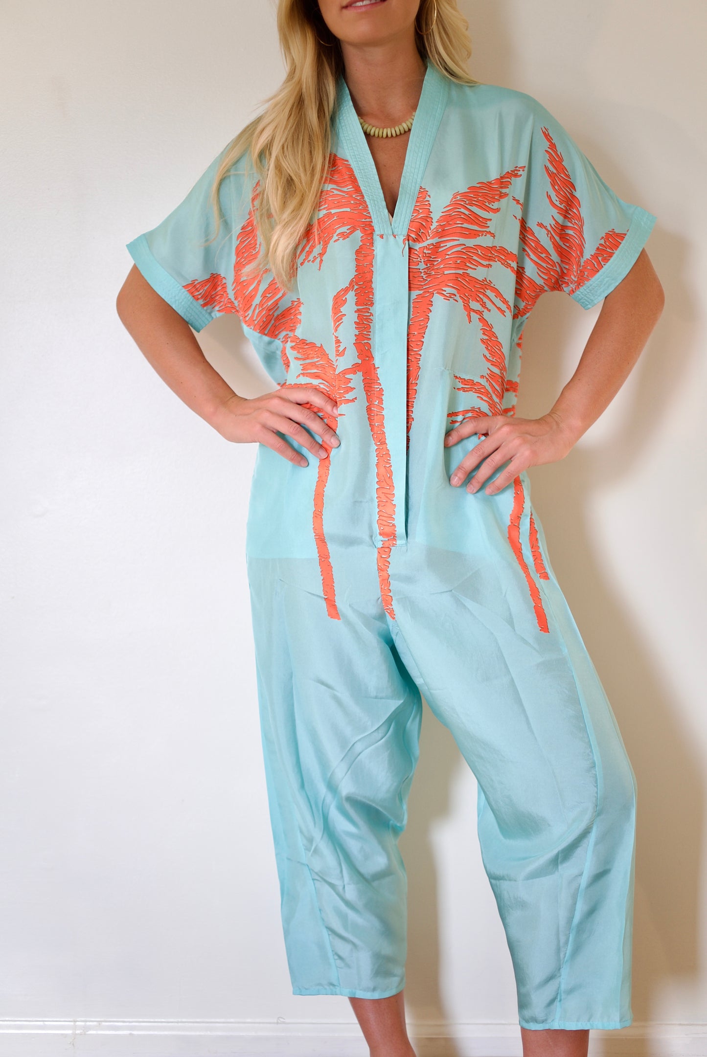 État D’été | Jolie Jumpsuit Silk - Flame Palm / Iced Aqua Ground