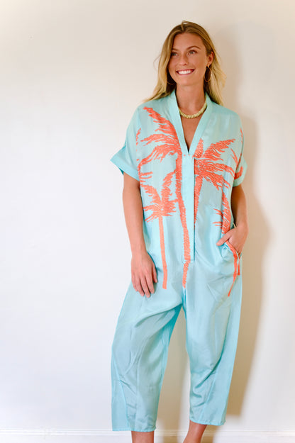 État D’été | Jolie Jumpsuit Silk - Flame Palm / Iced Aqua Ground