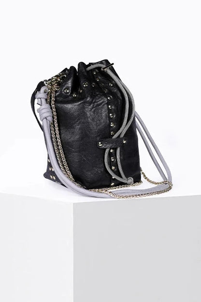 Black leather drawstring bag with chain details on a white background