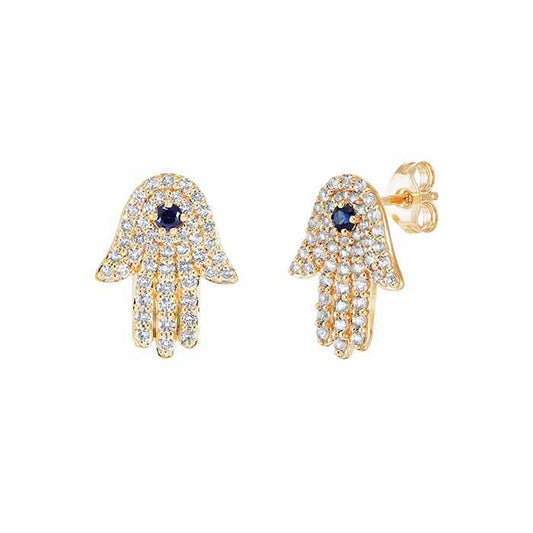 10K Yellow Gold with Diamond and Sapphire Hamsa Earring