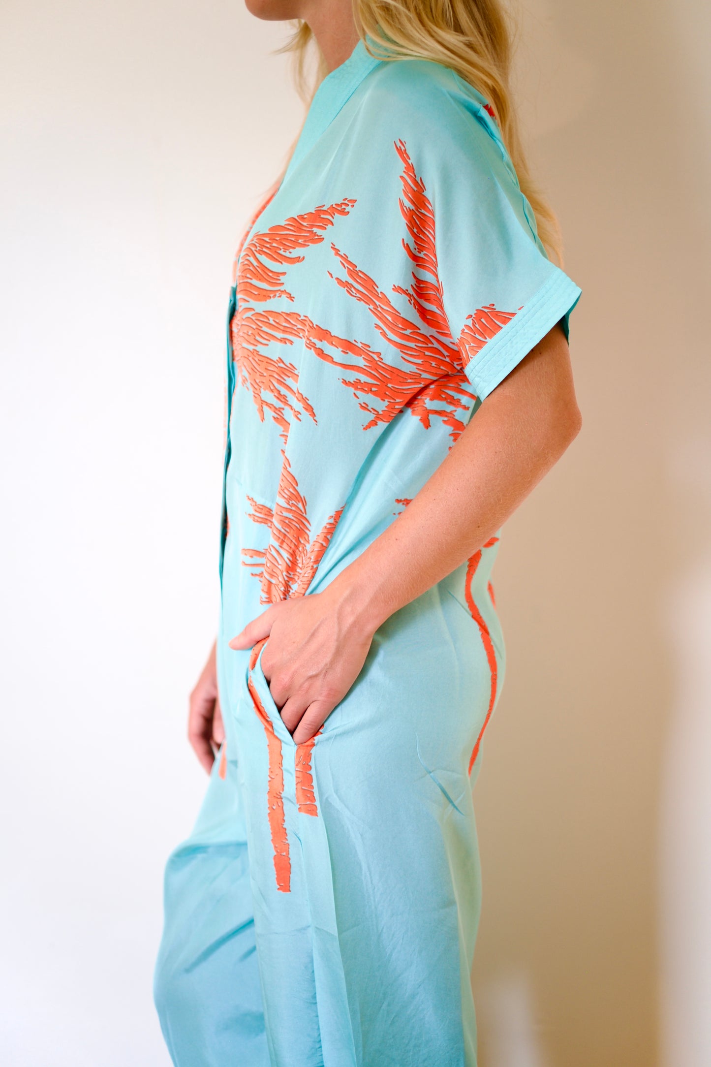 État D’été | Jolie Jumpsuit Silk - Flame Palm / Iced Aqua Ground