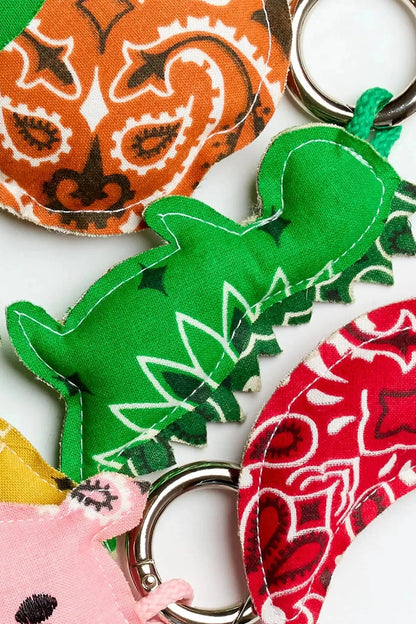 Collection of colorful keychains with various designs on a white background