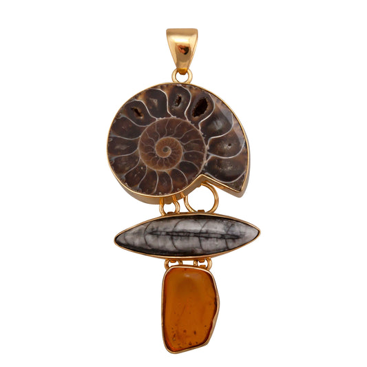 Charles Albert Ammonite, Orthoceras, & Amber Pendant