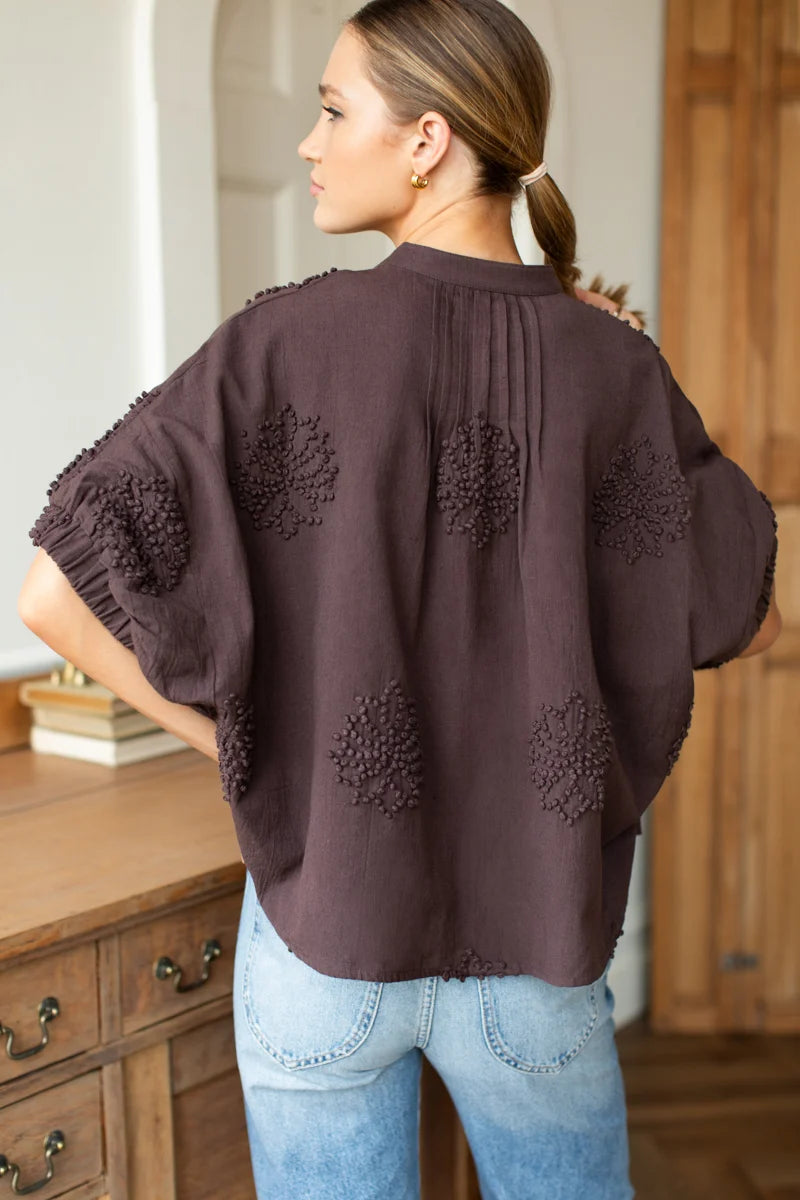 Emerson Fry - Mandarin Collar Top in French Knot Floral Vintage Chestnut
